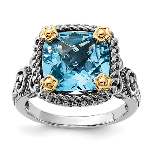 Sterling Silver Ring with 14K Accent Polished & Antiqued Swiss Blue Topaz