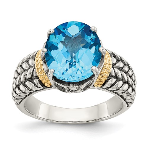 Shey Couture Sterling Silver Ring with 14K Accent Antiqued Oval Swiss Blue Topaz