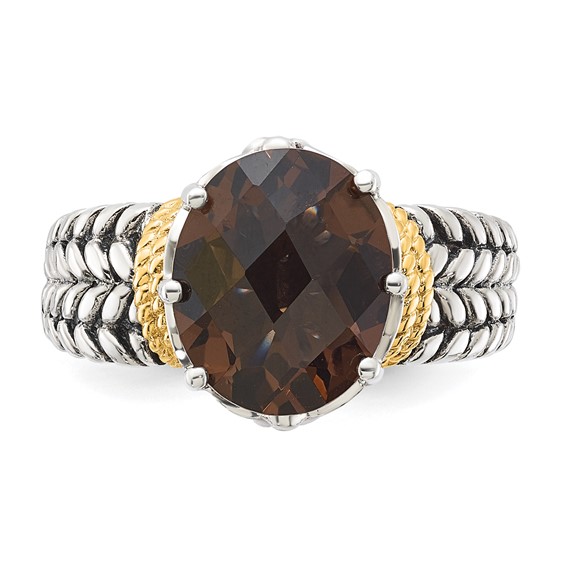 Sterling Silver w/14k Accent Antiqued Oval Smoky Quartz Ring