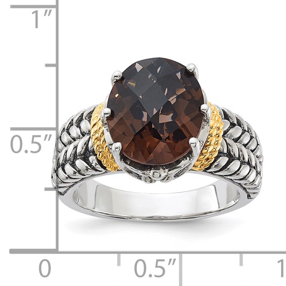 Sterling Silver w/14k Accent Antiqued Oval Smoky Quartz Ring