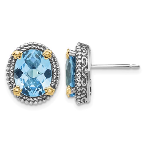 Shey Couture Sterling Silver Earrings with 14K Accent Antiqued Oval Swiss Blue Topaz Post