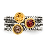 Shey Couture Sterling Silver Gold-tone Flash Gold-plated Antiqued Round Bezel.30 Garnet.20 Citrine.20 Smoky Quartz 3 Stackable Rings view 5