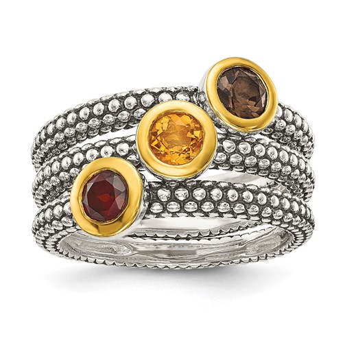 Shey Couture Sterling Silver Gold-tone Flash Gold-plated Antiqued Round Bezel.30 Garnet.20 Citrine.20 Smoky Quartz 3 Stackable Rings