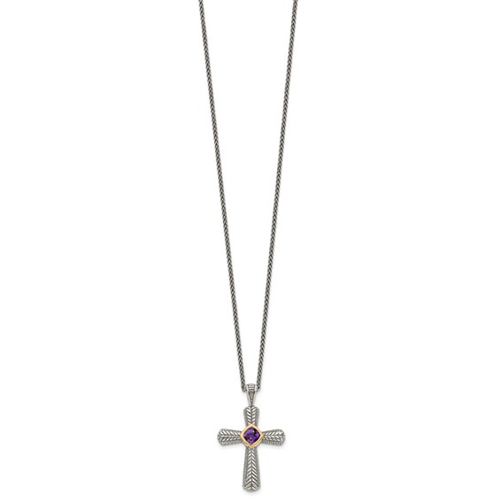 Shey Couture Sterling Silver with 14K Accent 18 Inch Antiqued Cushion Bezel Amethyst Cross Necklace