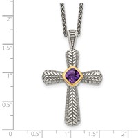 Shey Couture Sterling Silver Necklace with 14K Accent Antiqued Cushion Bezel Amethyst Cross, 18" view 5