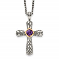 Shey Couture Sterling Silver Necklace with 14K Accent Antiqued Cushion Bezel Amethyst Cross, 18" view 1