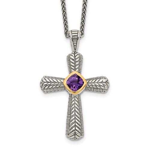 Shey Couture Sterling Silver Necklace with 14K Accent Antiqued Cushion Bezel Amethyst Cross, 18"