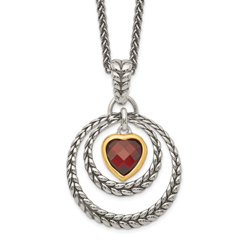 Shey Couture Sterling Silver Gold-tone Flash Gold-plated Antiqued Checkerboard Garnet Heart Necklace, 18"