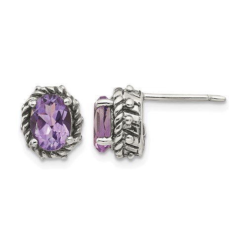 Shey Couture Sterling Silver Antiqued Oval Amethyst Post Earrings