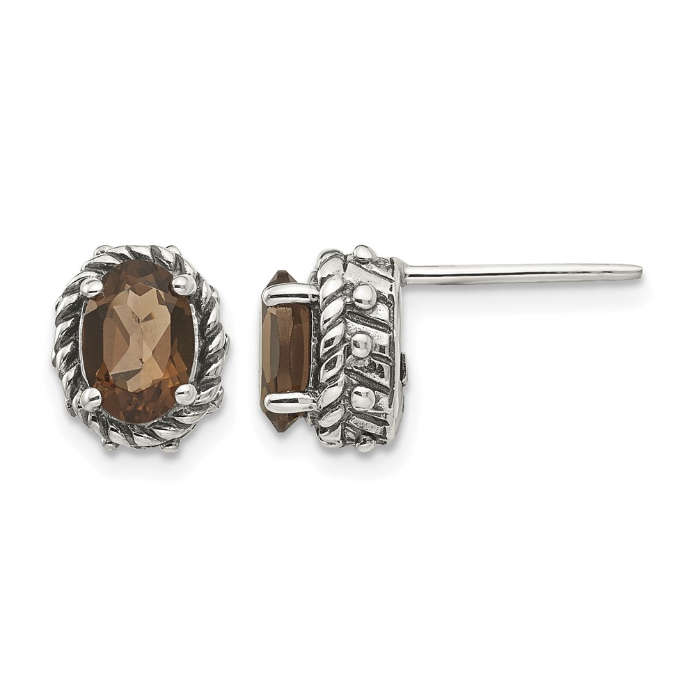 Shey Couture Sterling Silver Antiqued Oval Smoky Quartz Post Earrings
