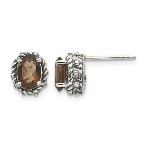 Shey Couture Sterling Silver Antiqued Oval Smoky Quartz Post Earrings
