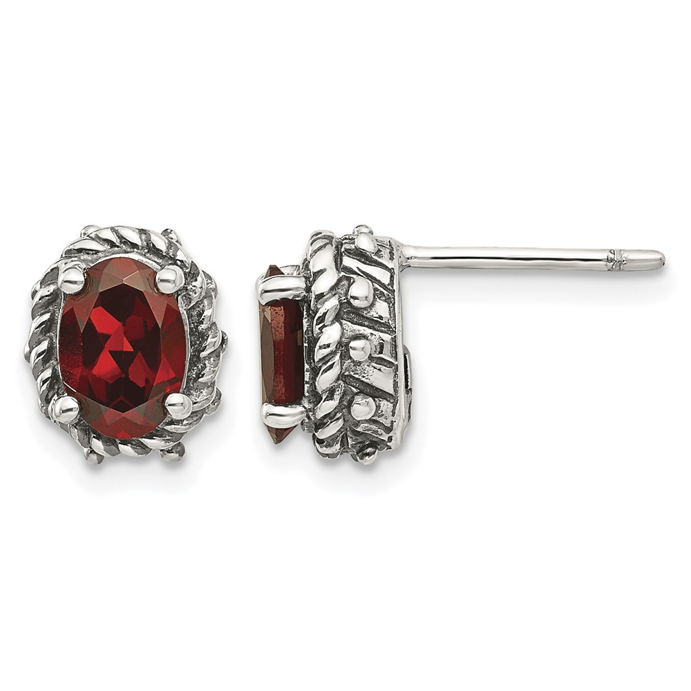 Shey Couture Sterling Silver Antiqued Oval Garnet Post Earrings