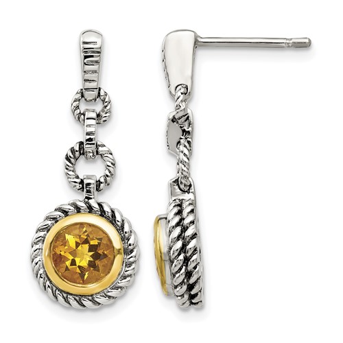 Shey Couture Antiqued Sterling Silver with 14K Gold-plated Accent Round Bezel Citrine Post Dangle Earrings