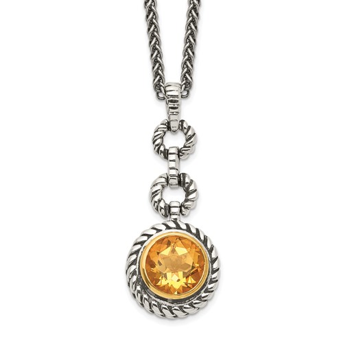 Shey Couture Antiqued Sterling Silver with 14K Gold-plated Accent Round Bezel Citrine Necklace, 18"