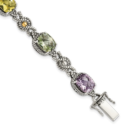 Shey Couture Sterling Silver Bracelet with 14K Accent Antiqued Cushion 4.4 Pink Quartz 4.4 Green Quartz 4.4 Lemon Quartz, 7.25"