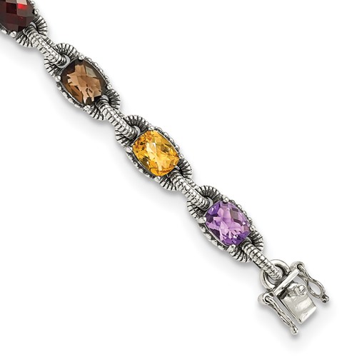 Shey Couture Sterling Silver Antiqued Cushion.86 Amethyst.86 Citrine 1.10 Garnet.55 Peridot.86 Smoky Quartz Bracelet, 7.25"