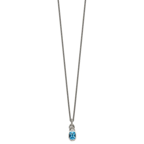 Shey Couture Sterling Silver 18 Inch Antiqued Cushion Bezel Sky Blue Topaz and Diamond Necklace