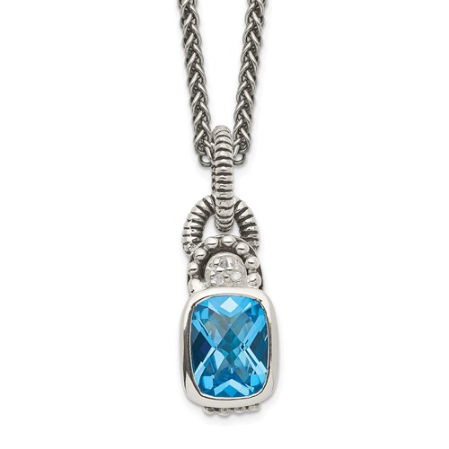 Shey Couture Sterling Silver Antiqued Cushion Bezel Sky Blue Topaz and Diamond Necklace, 18"