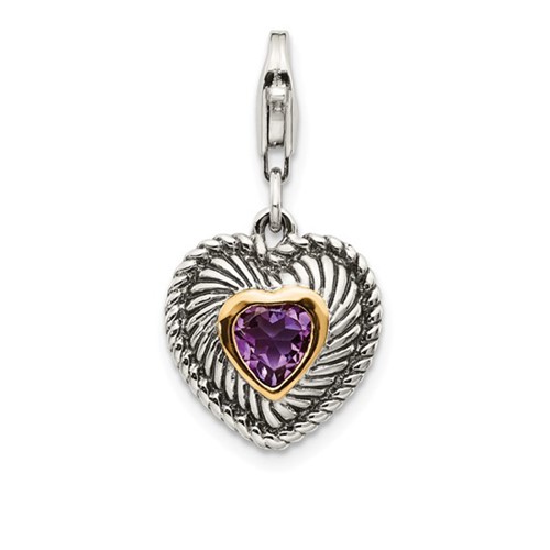 Shey Couture Sterling Silver Charm with 14K Accent Antiqued Amethyst Antiqued Heart with Lobster Clasp