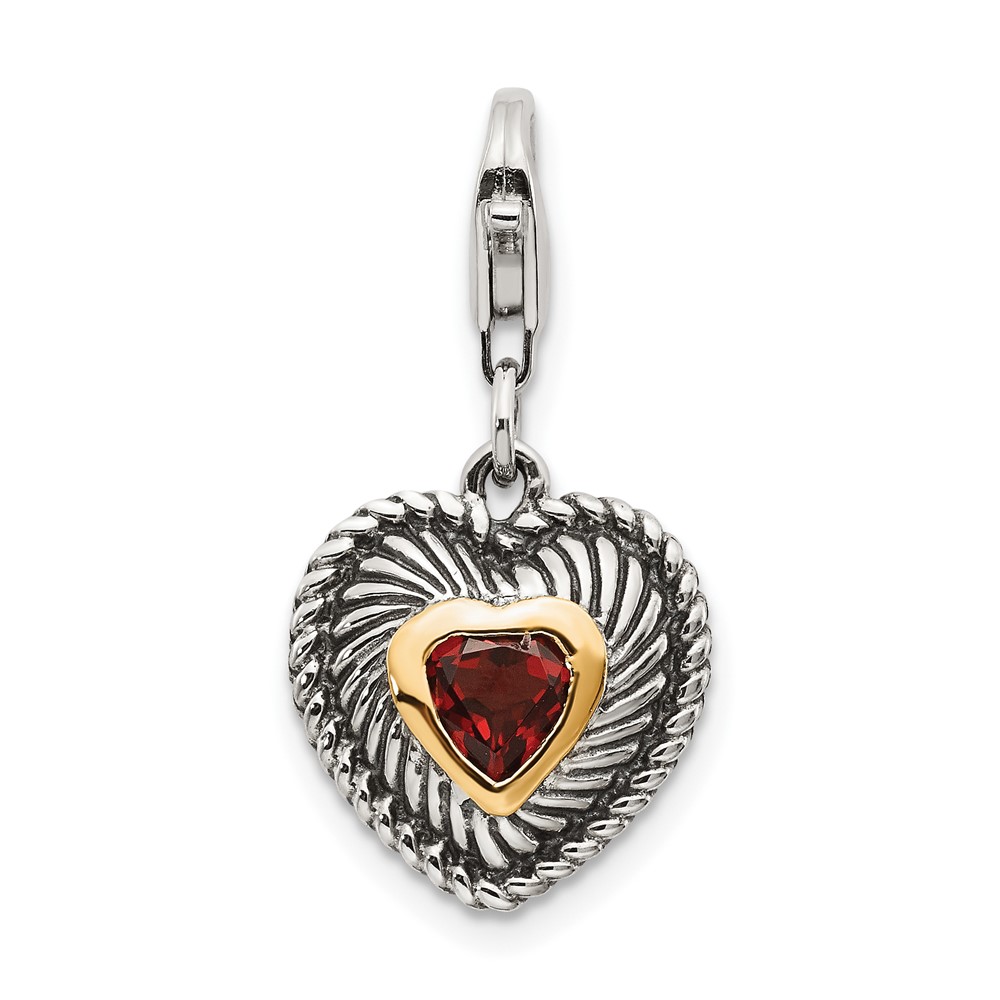 Shey Couture Sterling Silver Charm with 14K Accent Antiqued Heart Shaped Garnet with Lobster Clasp Heart