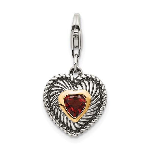 Shey Couture Sterling Silver Charm with 14K Accent Antiqued Heart Shaped Garnet with Lobster Clasp Heart
