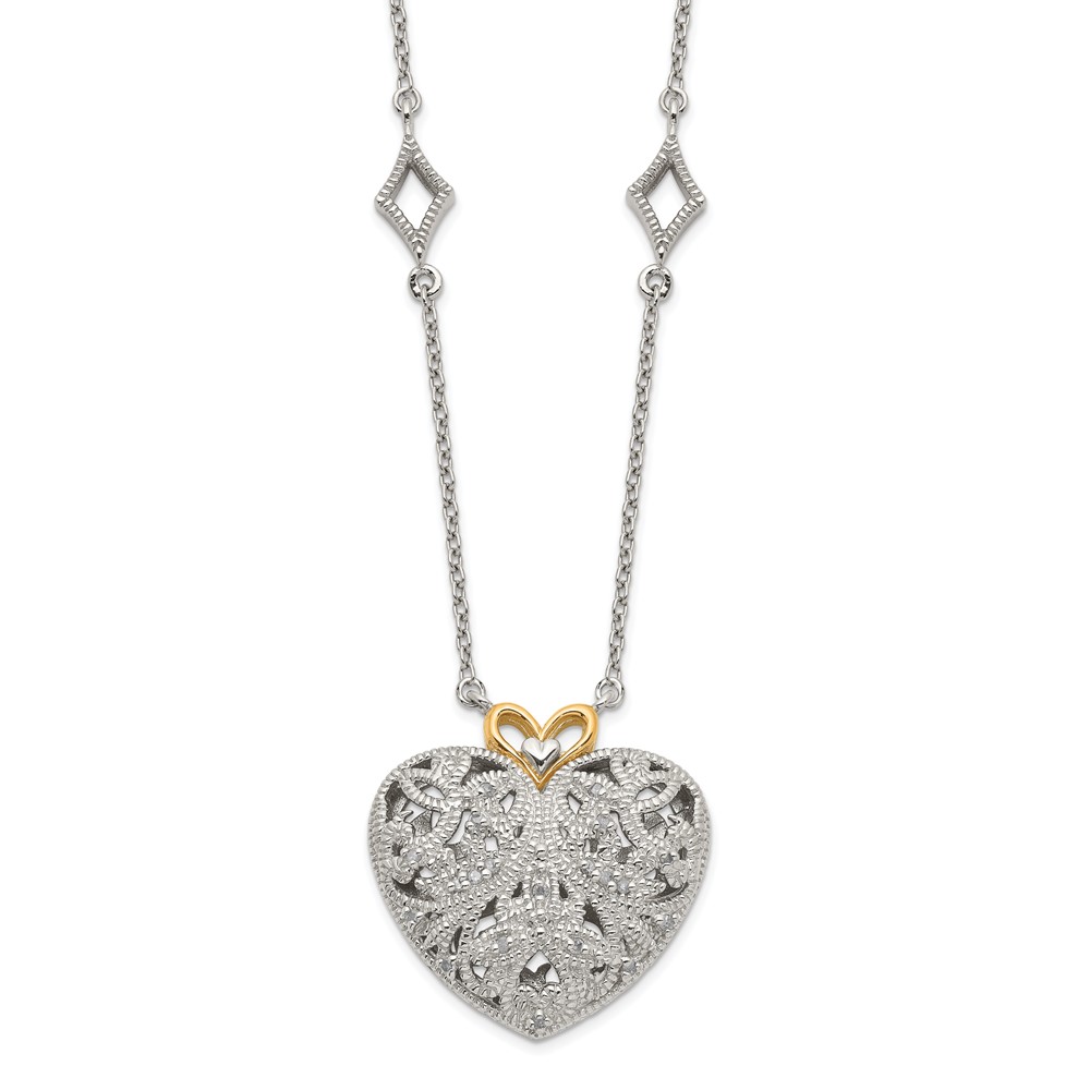 Shey Couture Sterling Silver Rhodium-plated Necklace with 14K Accent Diamond Vintage Heart, 18"