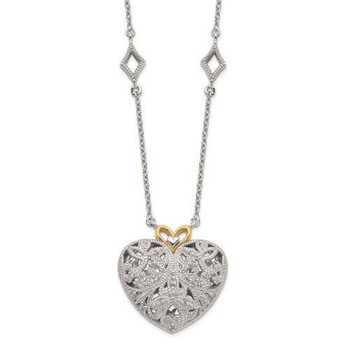 Shey Couture Sterling Silver Rhodium-plated Necklace with 14K Accent Diamond Vintage Heart, 18"
