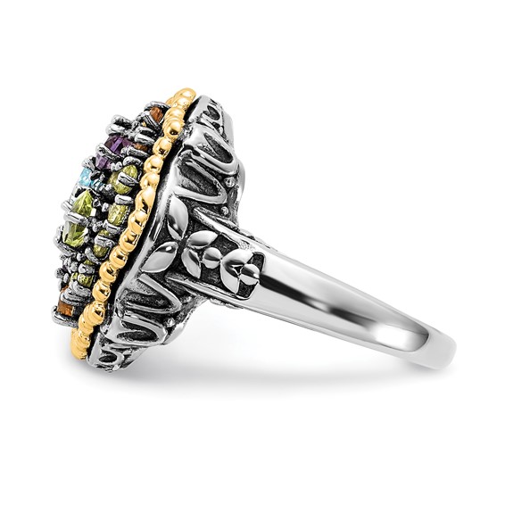 Sterling Silver w/14k Accent Polished & Antiqued 1.43tw Multi Gemstone Ring
