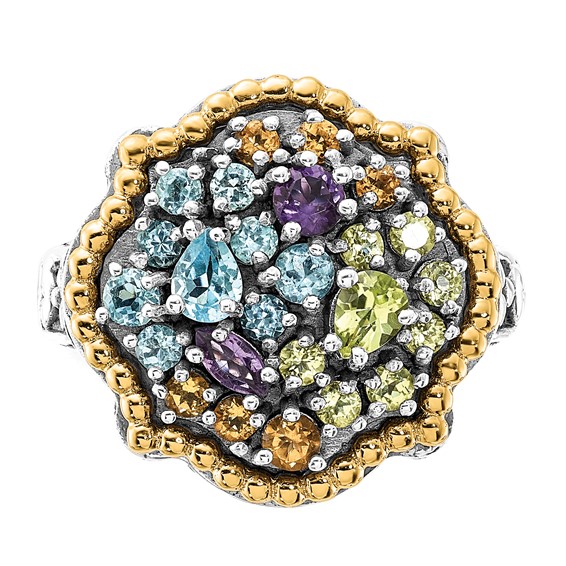 Sterling Silver w/14k Accent Polished & Antiqued 1.43tw Multi Gemstone Ring