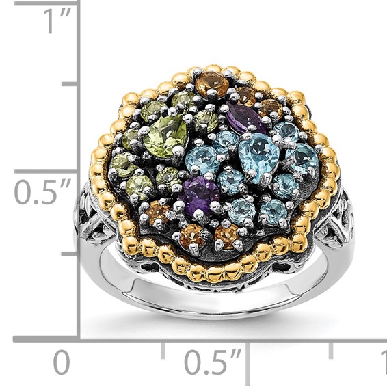 Sterling Silver w/14k Accent Polished & Antiqued 1.43tw Multi Gemstone Ring
