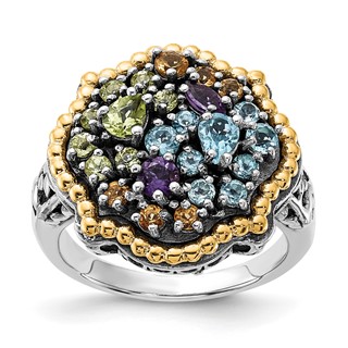 Sterling Silver w/14k Accent Polished & Antiqued 1.43tw Multi Gemstone Ring