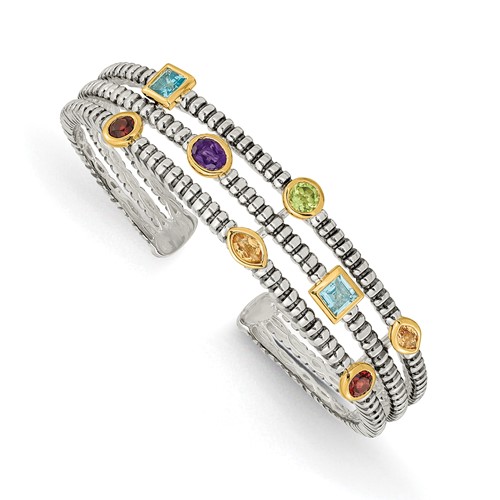 Shey Couture Sterling Silver Bracelet with 14K Accent Antiqued Bezel.36 Amethyst.55 Blue Topaz.18 Citrine.35 Garnet.30 Peridot Cuff