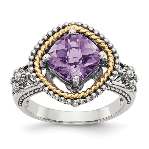 Shey Couture Sterling Silver Ring with 14K Accent Antiqued Checkerboard-cut Cushon Amethyst