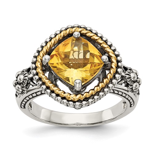 Shey Couture Sterling Silver Ring with 14K Accent Antiqued Cushion Citrine
