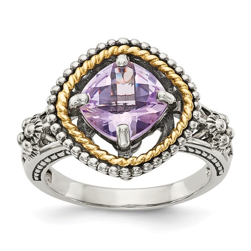 Shey Couture Sterling Silver Ring with 14K Accent Antiqued Cushion Pink Quartz