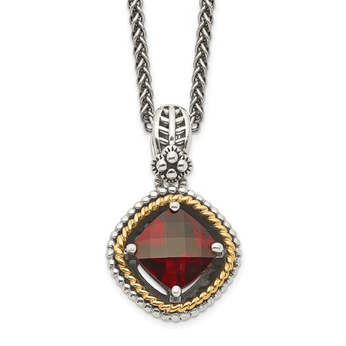 Shey Couture Sterling Silver Necklace with 14K Accent Antiqued Checkerboard Cushion Garnet, 18"