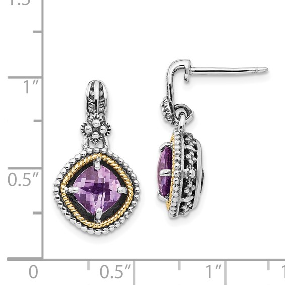 Shey Couture Sterling Silver with 14K Accent Antiqued Cushion Amethyst Post Dangle Earrings