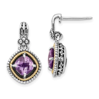 Shey Couture Sterling Silver with 14K Accent Antiqued Cushion Amethyst Post Dangle Earrings