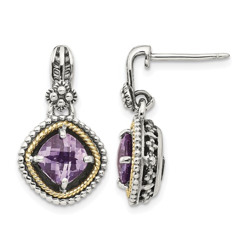 Shey Couture Sterling Silver Earrings with 14K Accent Antiqued Cushion Amethyst Post Dangle