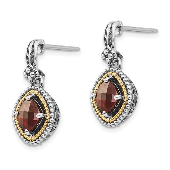 Shey Couture Sterling Silver with 14K Accent Antiqued Checkerboard Cushion Garnet Post Dangle Earrings