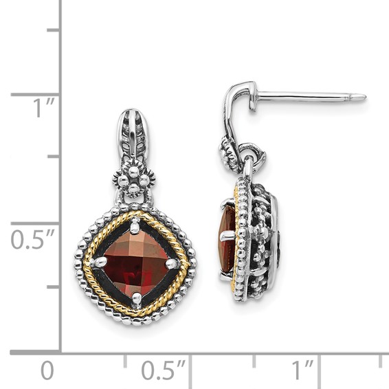 Shey Couture Sterling Silver with 14K Accent Antiqued Checkerboard Cushion Garnet Post Dangle Earrings