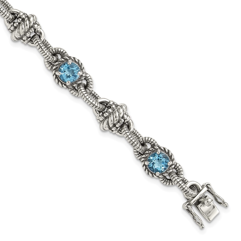 Shey Couture Sterling Silver Antiqued Round Swiss Blue Topaz Bracelet, 7.75"