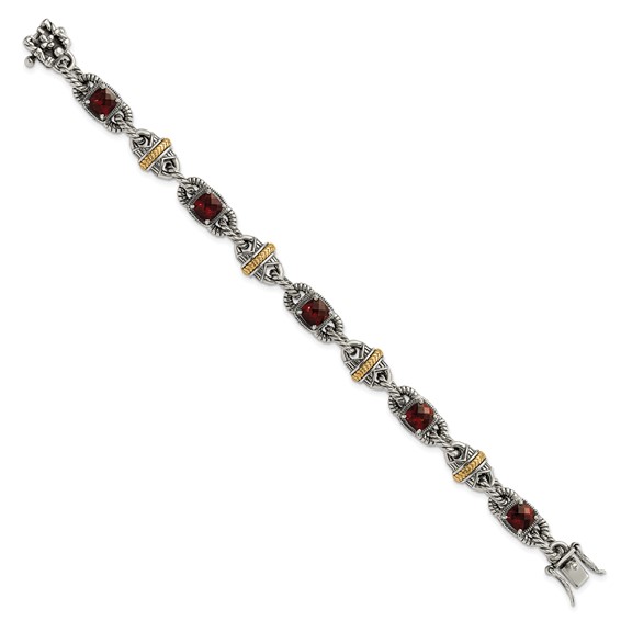 Sterling Silver w/14ky Accent Polished & Antiqued Garnet Bracelet