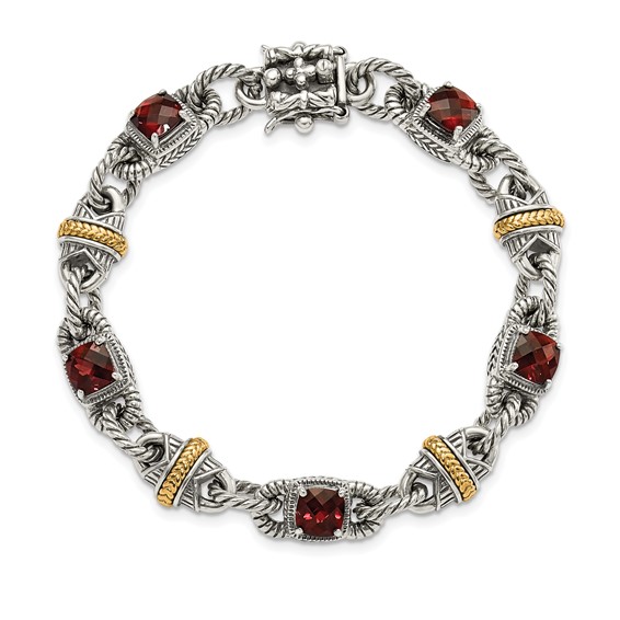 Sterling Silver w/14ky Accent Polished & Antiqued Garnet Bracelet