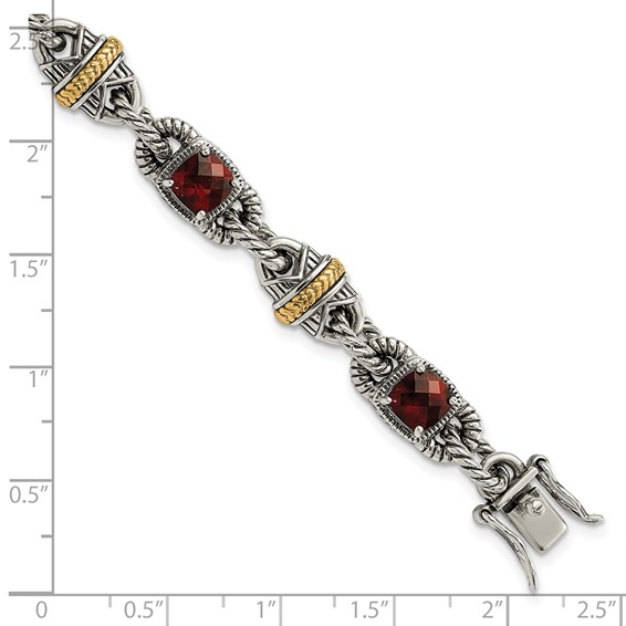 Sterling Silver w/14ky Accent Polished & Antiqued Garnet Bracelet