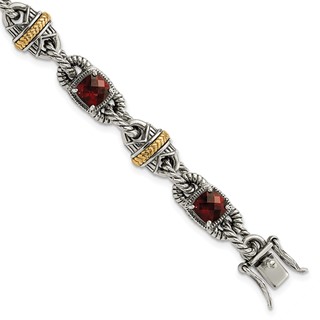 Sterling Silver w/14ky Accent Polished & Antiqued Garnet Bracelet