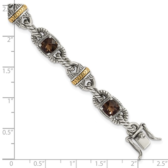 Sterling Silver w/14ky Accent Polished & Antiqued Smoky Quartz Bracelet
