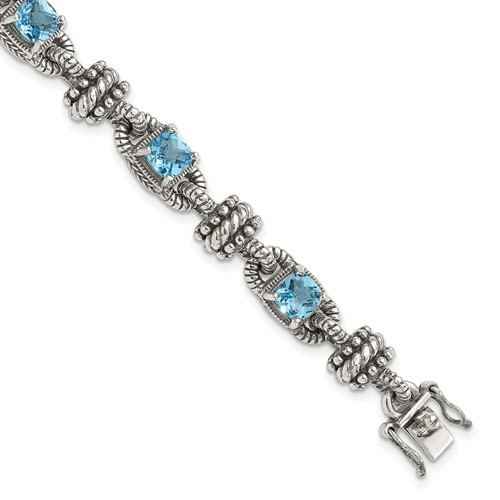 Shey Couture Sterling Silver Bracelet with 14K Accent Antiqued Cushion Swiss Blue Topaz, 7.5"