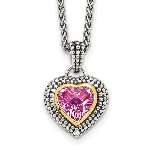 Shey Couture Sterling Silver Necklace with 14K Accent Antiqued Heart Bezel Created Pink Sapphire, 18"