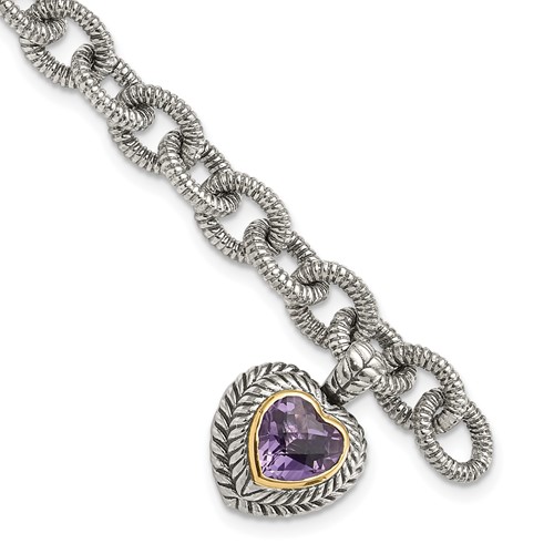 Shey Couture Sterling Silver Bracelet with 14K Accent Antiqued Amethyst Heart Link, 7.5"